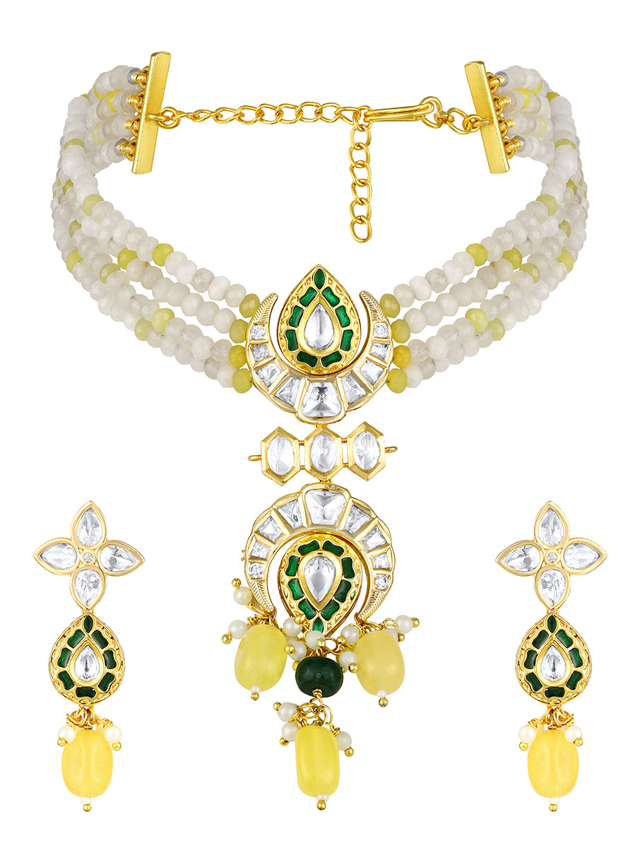 Choker in gold with Micron gold polish brass, Agates, moissanite kundan polki, hand paint meena , tumbles,pearls