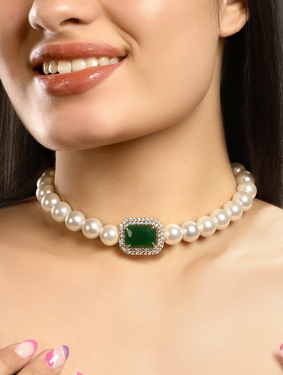 Dog Collar Choker in gold with Micron gold polish brass, pearls, emerald,cz diamond