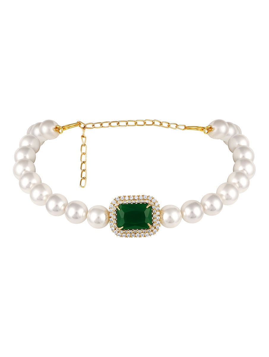 Dog Collar Choker in gold with Micron gold polish brass, pearls, emerald,cz diamond