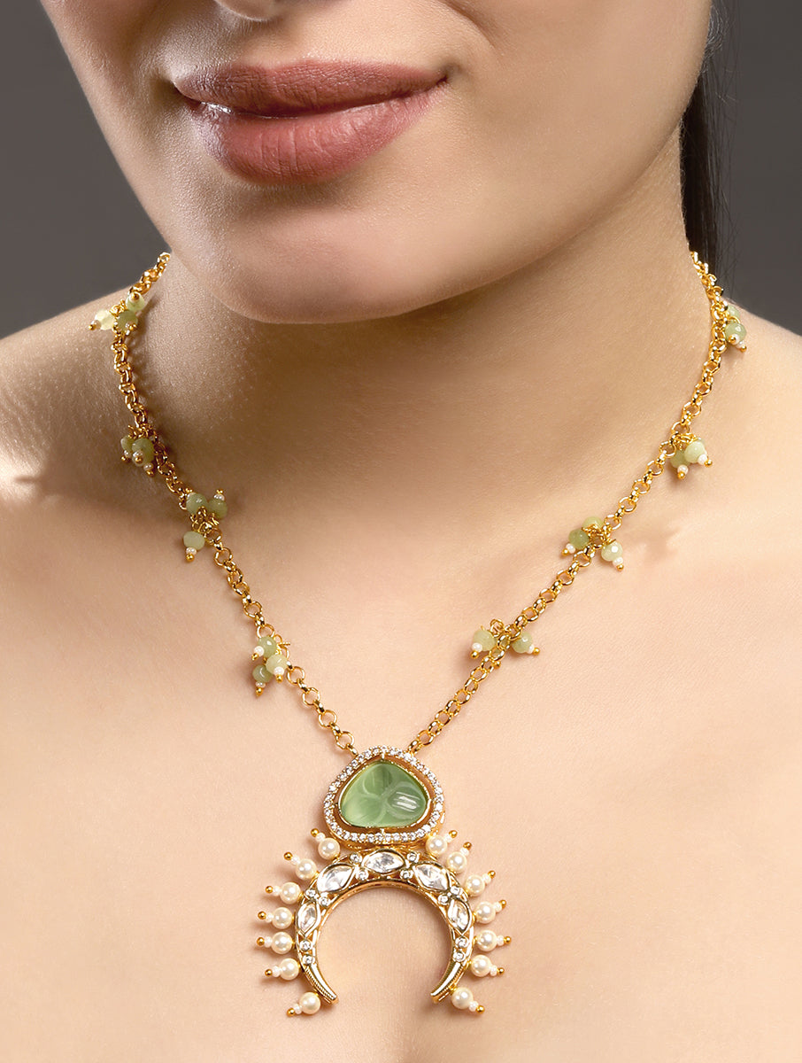 Long Necklace in gold with Micron gold polish brass, carved onyx, agates, pearls, moissanite kundan polki, cz diamond