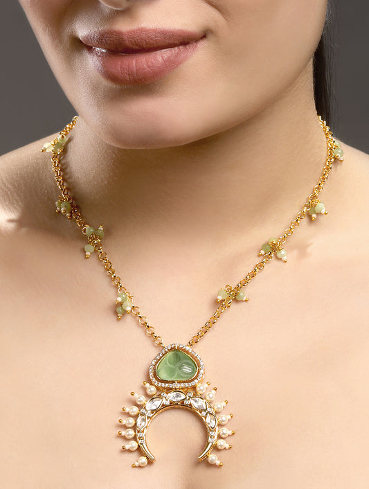 Long Necklace in gold with Micron gold polish brass, carved onyx, agates, pearls, moissanite kundan polki, cz diamond