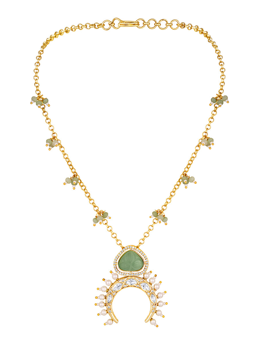 Long Necklace in gold with Micron gold polish brass, carved onyx, agates, pearls, moissanite kundan polki, cz diamond