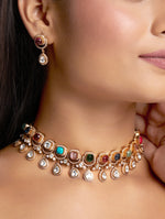 Choker in gold with Mosanite Kundan polki, Zirconia, Natual navratna onyx stones