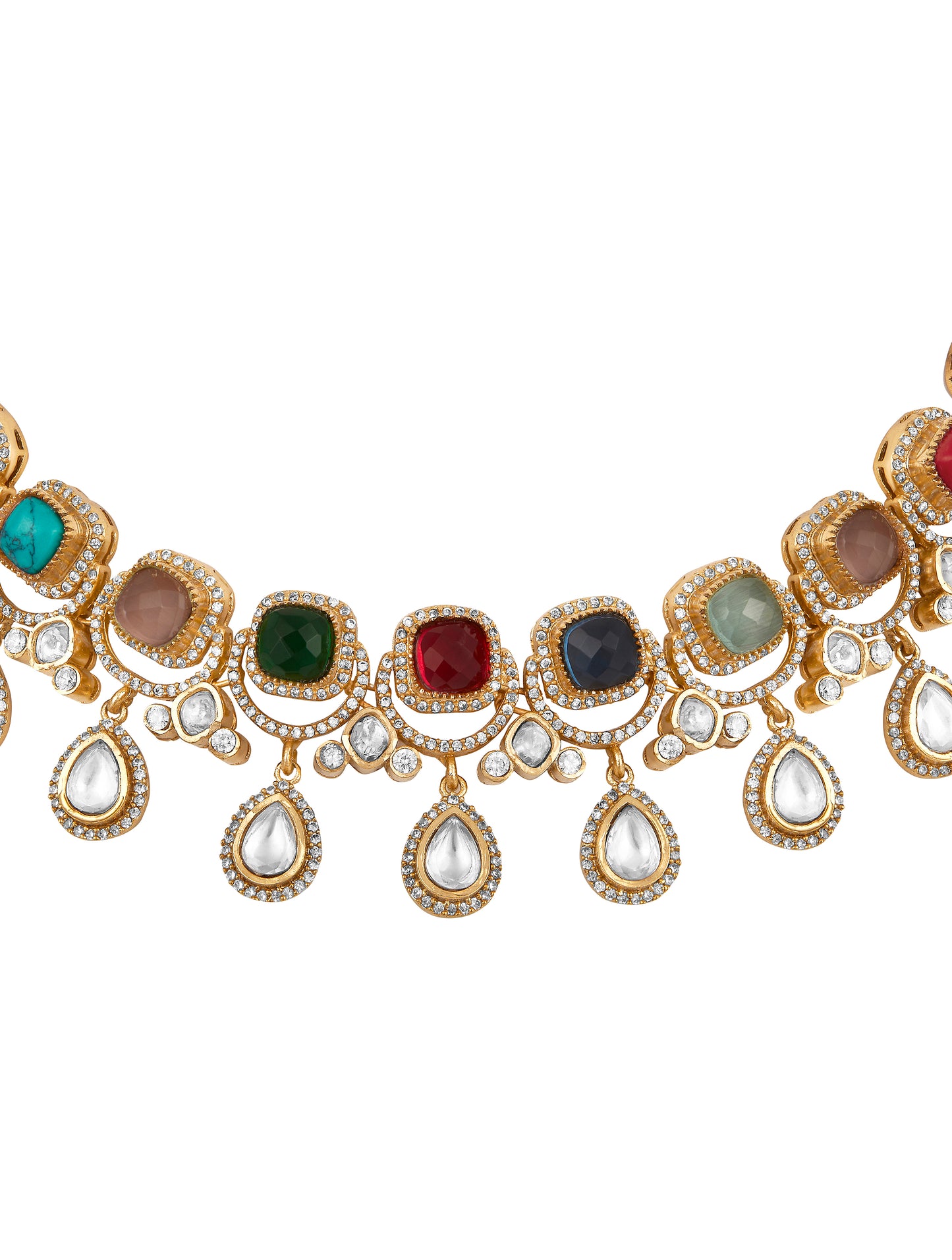 Choker in gold with Mosanite Kundan polki, Zirconia, Natual navratna onyx stones