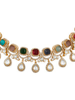 Choker in gold with Mosanite Kundan polki, Zirconia, Natual navratna onyx stones
