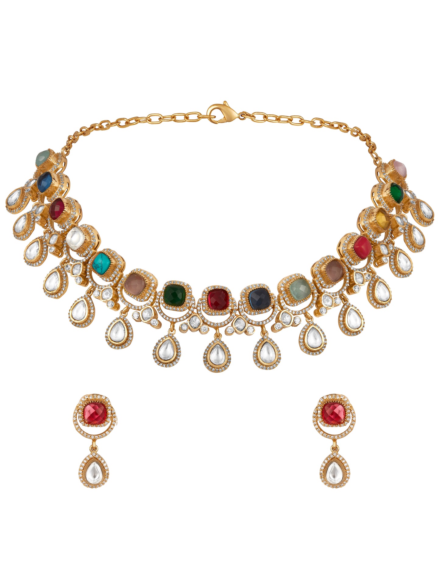 Choker in gold with Mosanite Kundan polki, Zirconia, Natual navratna onyx stones