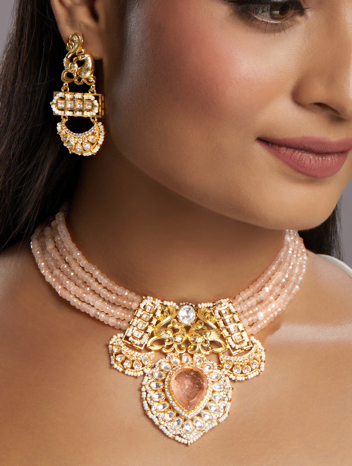 Choker in gold with Micron Gold Polished Brass with mosanite kundan polki. Agates and natural onyx doublet