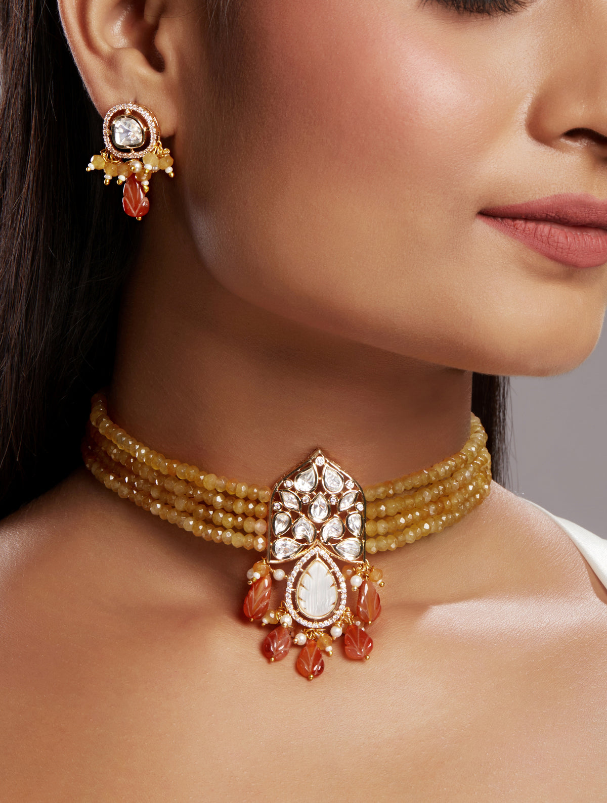 Choker in gold with Micron Gold Polished Brass with mosanite kundan polki, Zirconia, Mother of Pearl, Agates and natural onyx unshaped Tumbles