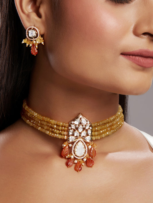 Choker in gold with Micron Gold Polished Brass with mosanite kundan polki, Zirconia, Mother of Pearl, Agates and natural onyx unshaped Tumbles