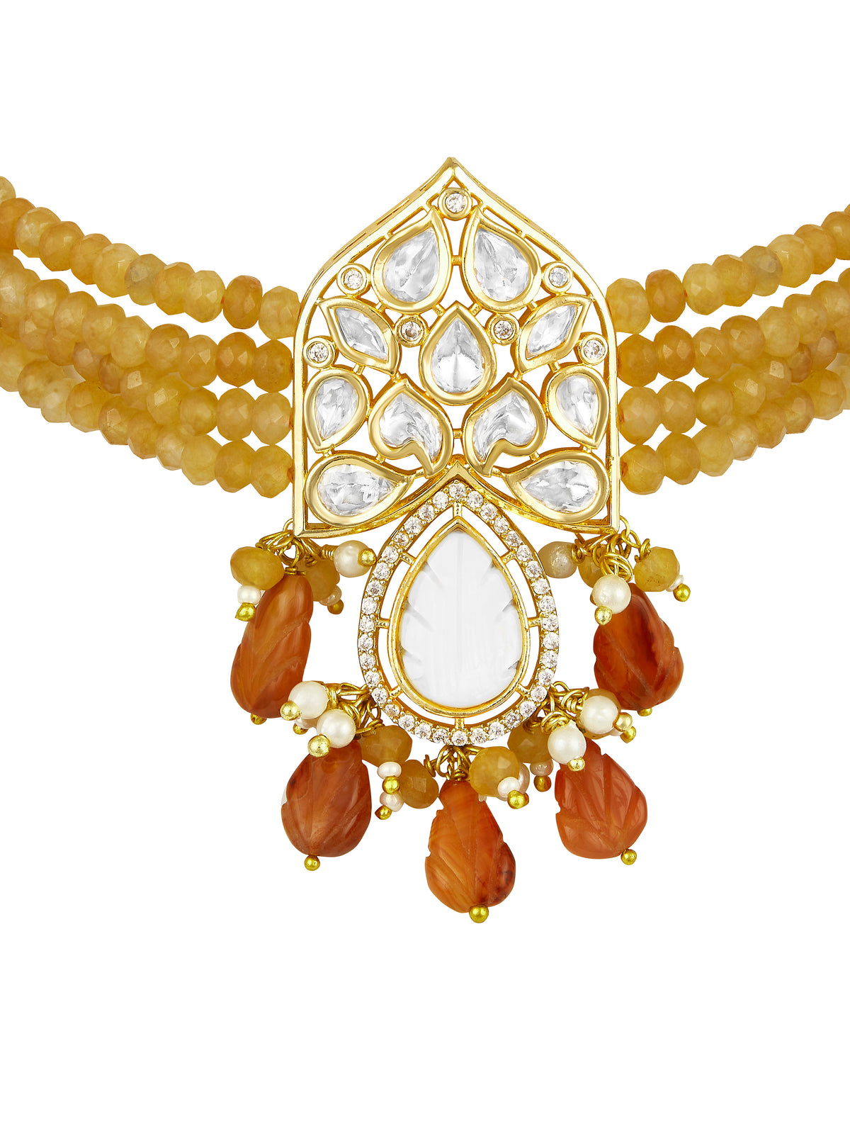 Choker in gold with Micron Gold Polished Brass with mosanite kundan polki, Zirconia, Mother of Pearl, Agates and natural onyx unshaped Tumbles