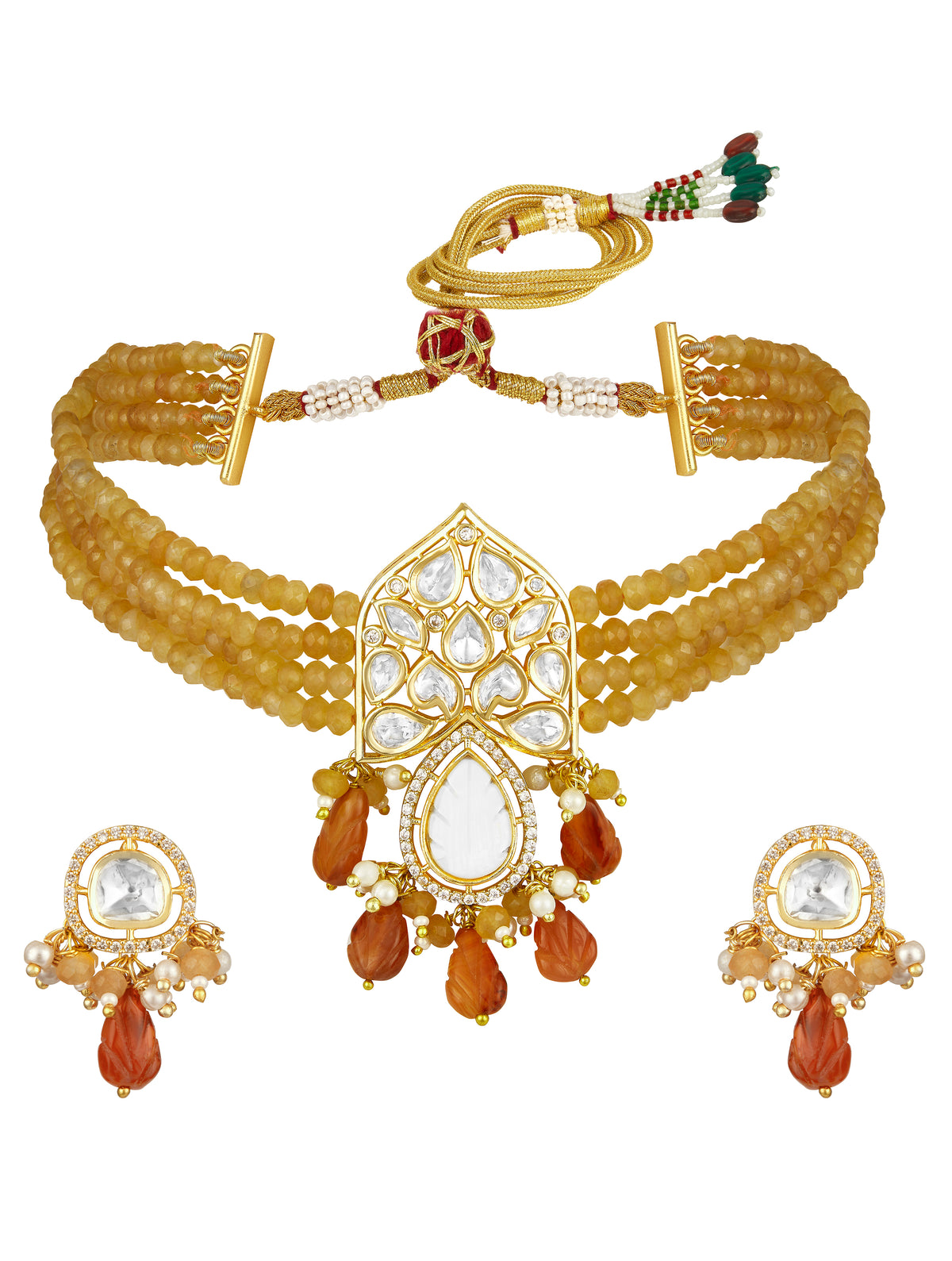 Choker in gold with Micron Gold Polished Brass with mosanite kundan polki, Zirconia, Mother of Pearl, Agates and natural onyx unshaped Tumbles