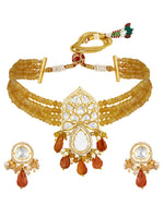 Choker in gold with Micron Gold Polished Brass with mosanite kundan polki, Zirconia, Mother of Pearl, Agates and natural onyx unshaped Tumbles