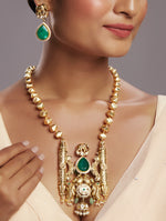Necklace Set in gold with Alloy , Polki Kundan ,Semi Precious BeadsMicron Gold Polished Brass with dual tone polish along with blemishes of oxidesed polish with mosanite kundan polki. onyx tumbles. synthetic emerald
