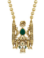 Necklace Set in gold with Alloy , Polki Kundan ,Semi Precious BeadsMicron Gold Polished Brass with dual tone polish along with blemishes of oxidesed polish with mosanite kundan polki. onyx tumbles. synthetic emerald