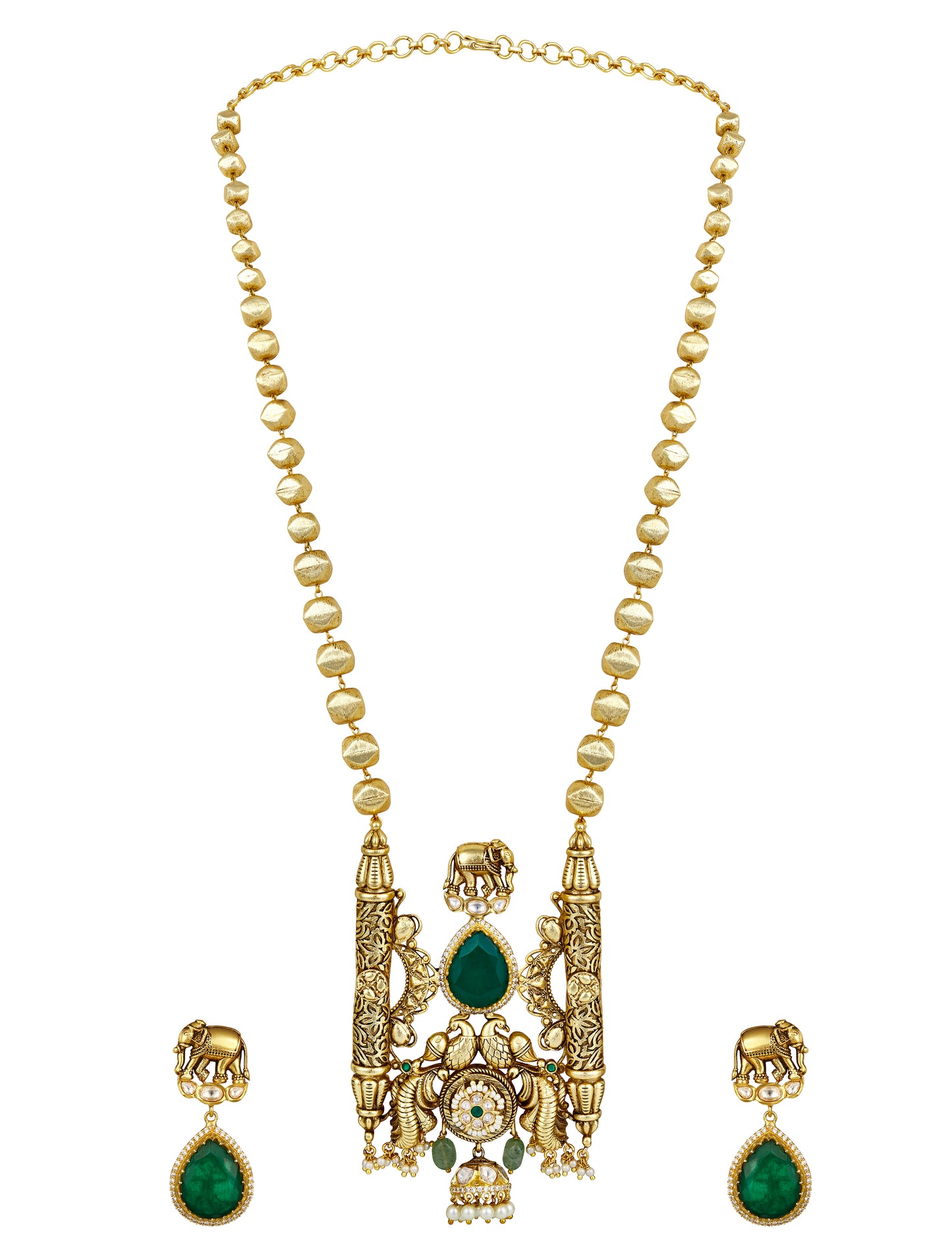 Necklace Set in gold with Alloy , Polki Kundan ,Semi Precious BeadsMicron Gold Polished Brass with dual tone polish along with blemishes of oxidesed polish with mosanite kundan polki. onyx tumbles. synthetic emerald