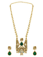 Necklace Set in gold with Alloy , Polki Kundan ,Semi Precious BeadsMicron Gold Polished Brass with dual tone polish along with blemishes of oxidesed polish with mosanite kundan polki. onyx tumbles. synthetic emerald