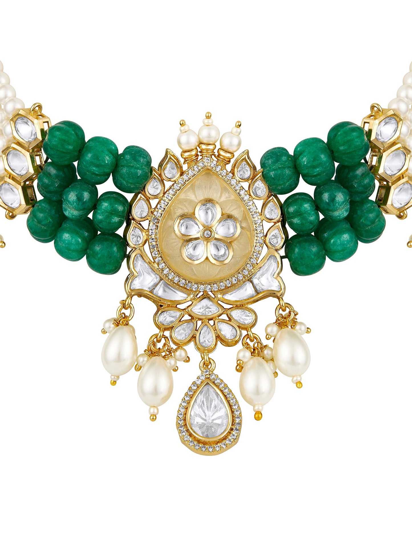 Choker in gold with Micron Gold Polished Brass ,mosanite kundan polki and pale yellow carved onyx stone, and green onyx tumbles. shell pearls and zirconia