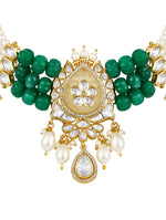 Choker in gold with Micron Gold Polished Brass ,mosanite kundan polki and pale yellow carved onyx stone, and green onyx tumbles. shell pearls and zirconia