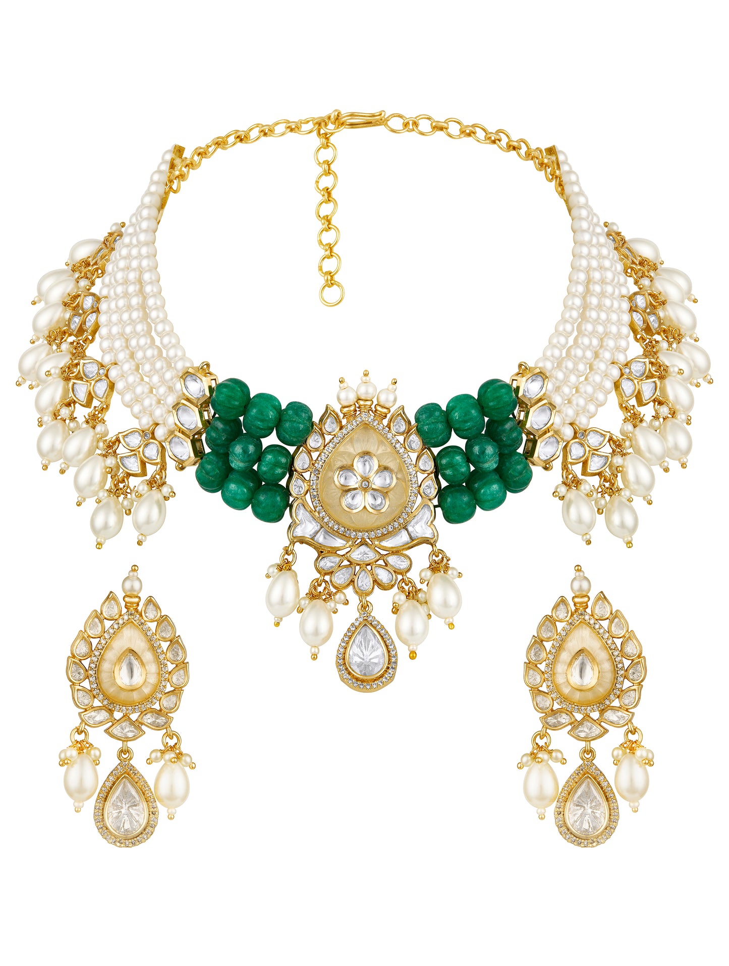 Choker in gold with Micron Gold Polished Brass ,mosanite kundan polki and pale yellow carved onyx stone, and green onyx tumbles. shell pearls and zirconia