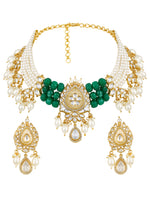 Choker in gold with Micron Gold Polished Brass ,mosanite kundan polki and pale yellow carved onyx stone, and green onyx tumbles. shell pearls and zirconia