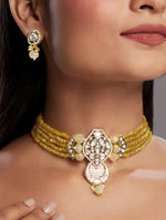 Choker in gold with Micron Gold Polished Brass ,mosanite kundan polki and pale yellow carved onyx tumbles, zirconia and Agates