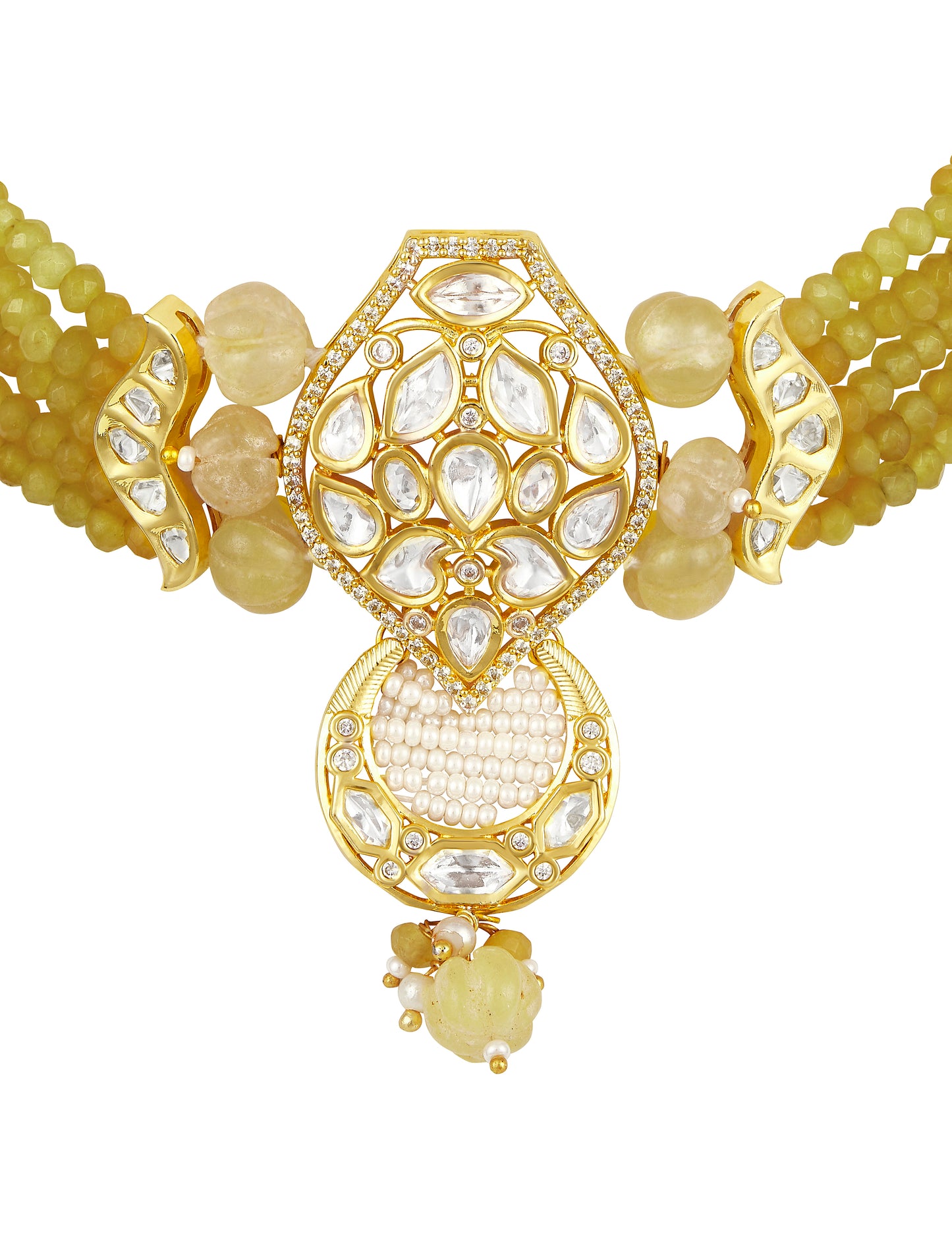 Choker in gold with Micron Gold Polished Brass ,mosanite kundan polki and pale yellow carved onyx tumbles, zirconia and Agates