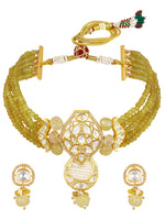 Choker in gold with Micron Gold Polished Brass ,mosanite kundan polki and pale yellow carved onyx tumbles, zirconia and Agates