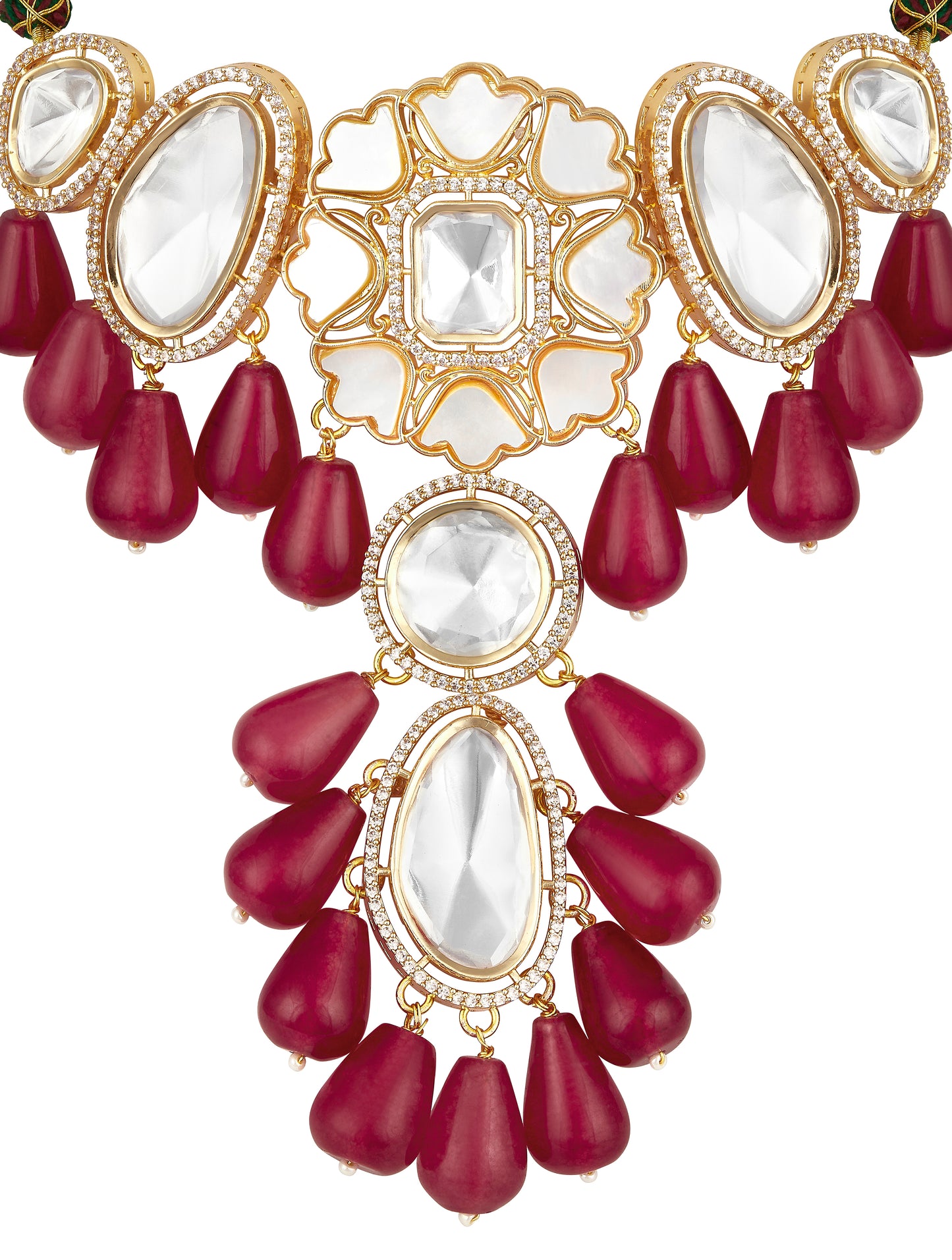 Necklace Set in gold with Micron Gold Polished Brass ,mosanite kundan polki onyx tumbles, zirconia. MOther of Pearl