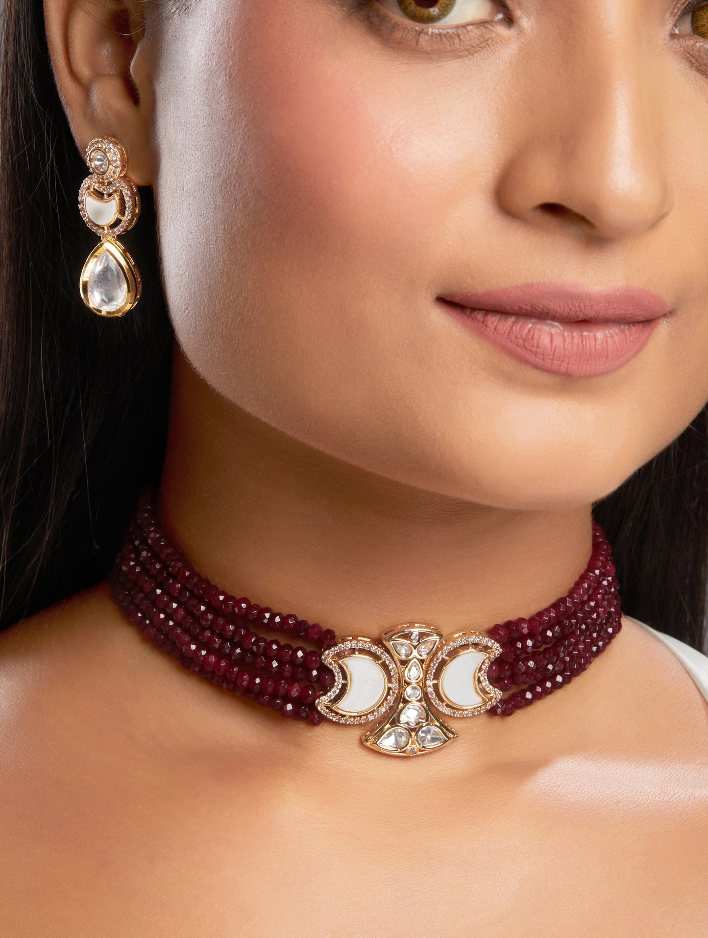 Choker in gold with Micron Gold Polished Brass ,mosanite kundan polki, zirconia, Agates, Mother of Pearl
