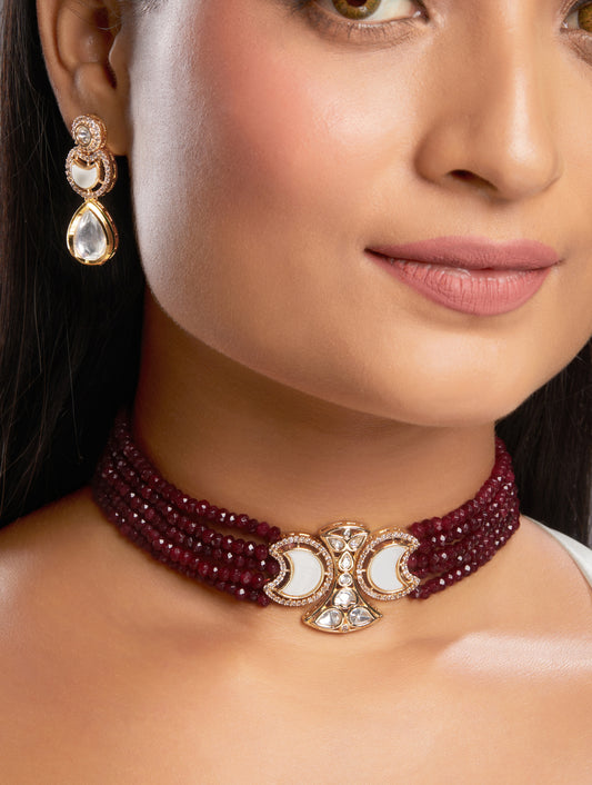 Choker in gold with Micron Gold Polished Brass ,mosanite kundan polki, zirconia, Agates, Mother of Pearl