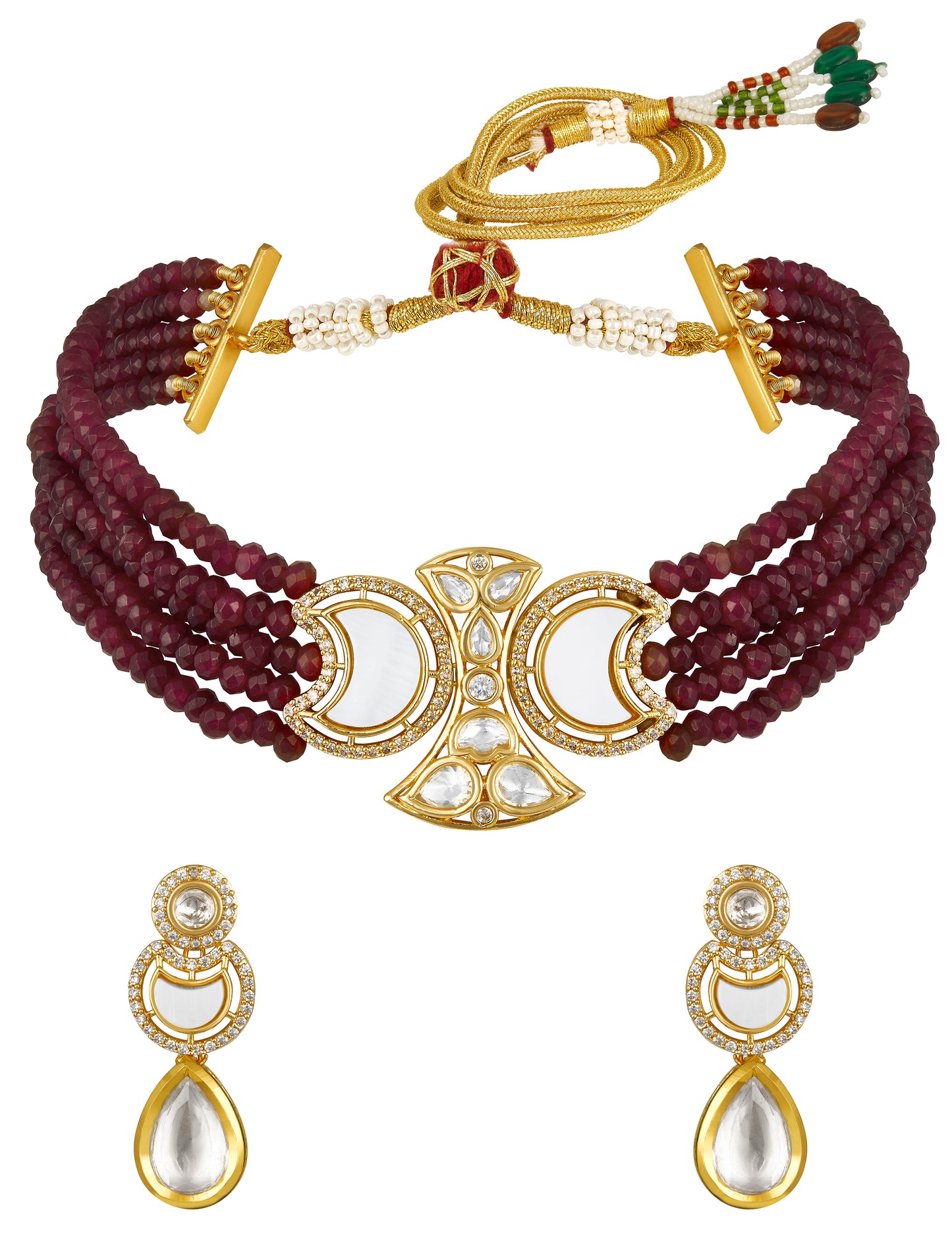 Choker in gold with Micron Gold Polished Brass ,mosanite kundan polki, zirconia, Agates, Mother of Pearl