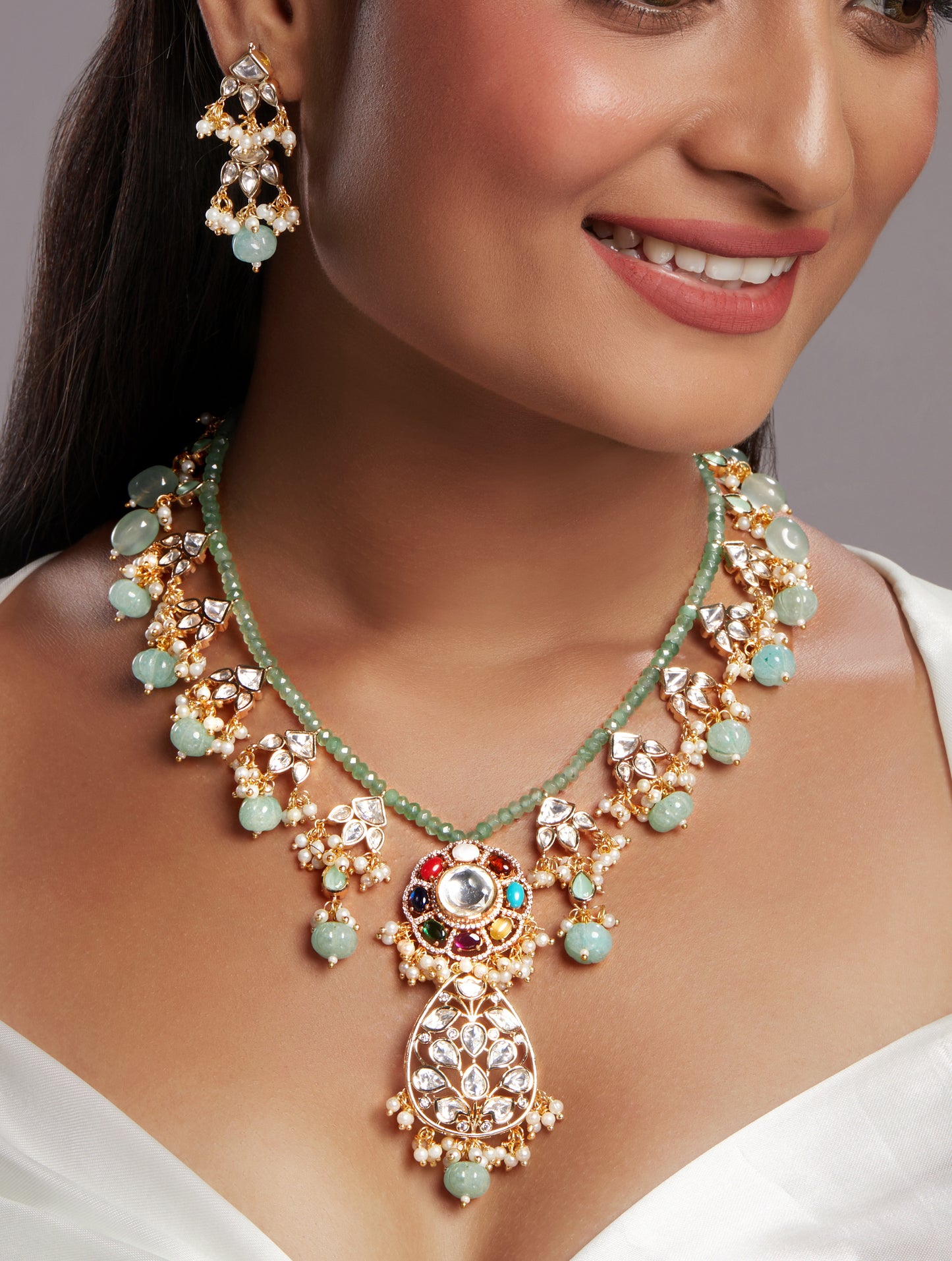 Necklace Set in gold with Mosanite Kundan polki, Zirconia, Natual navratna onyx stones, Zirconia, Agates, Natural Onys carved tumbles, Pearls