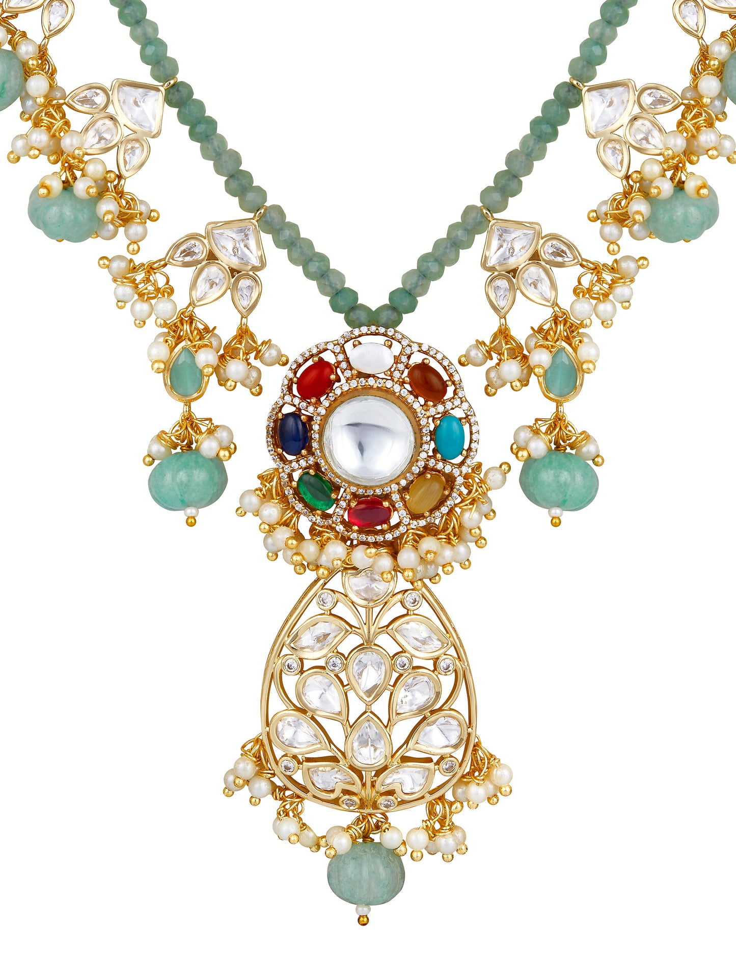 Necklace Set in gold with Mosanite Kundan polki, Zirconia, Natual navratna onyx stones, Zirconia, Agates, Natural Onys carved tumbles, Pearls