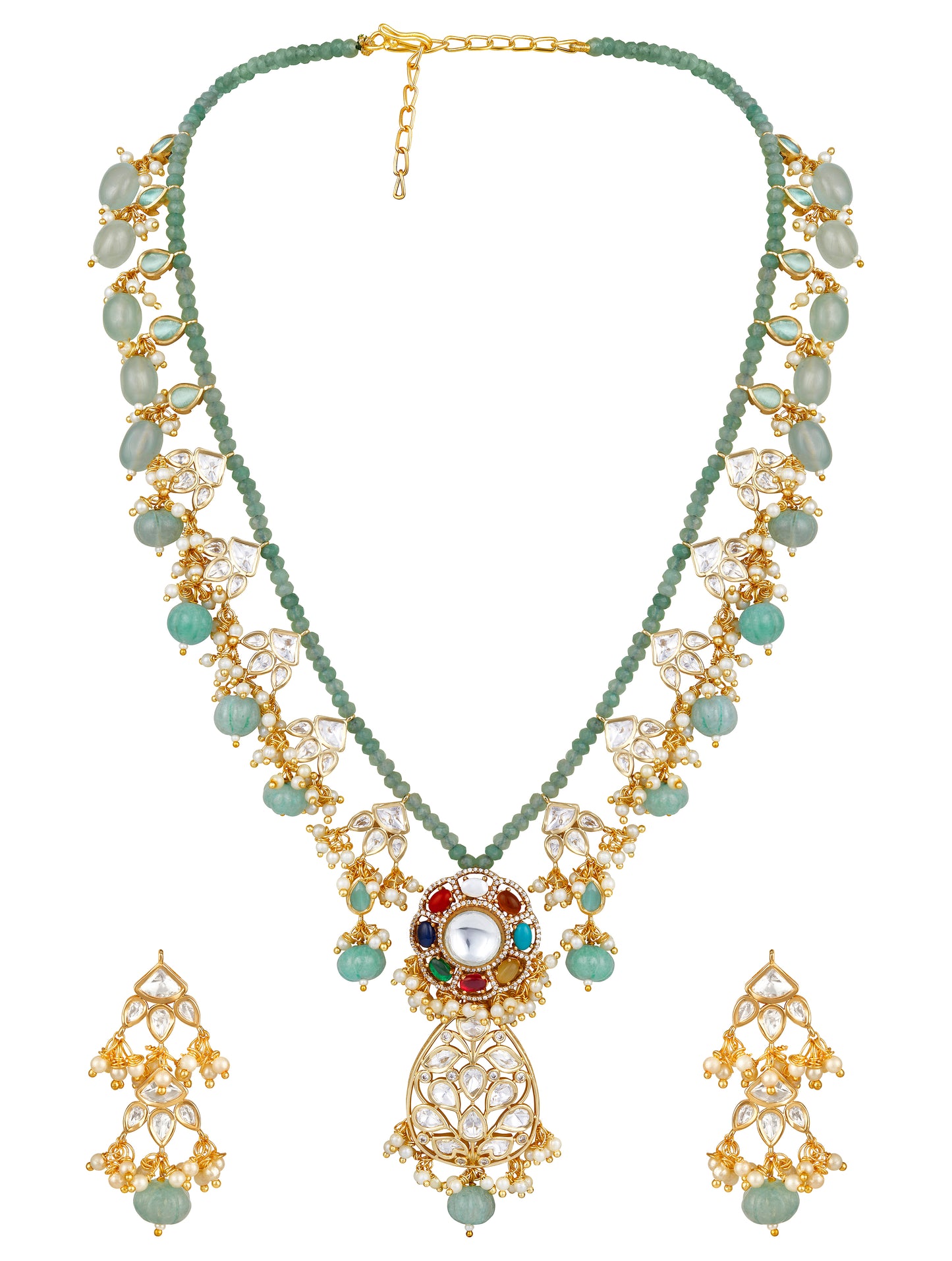 Necklace Set in gold with Mosanite Kundan polki, Zirconia, Natual navratna onyx stones, Zirconia, Agates, Natural Onys carved tumbles, Pearls