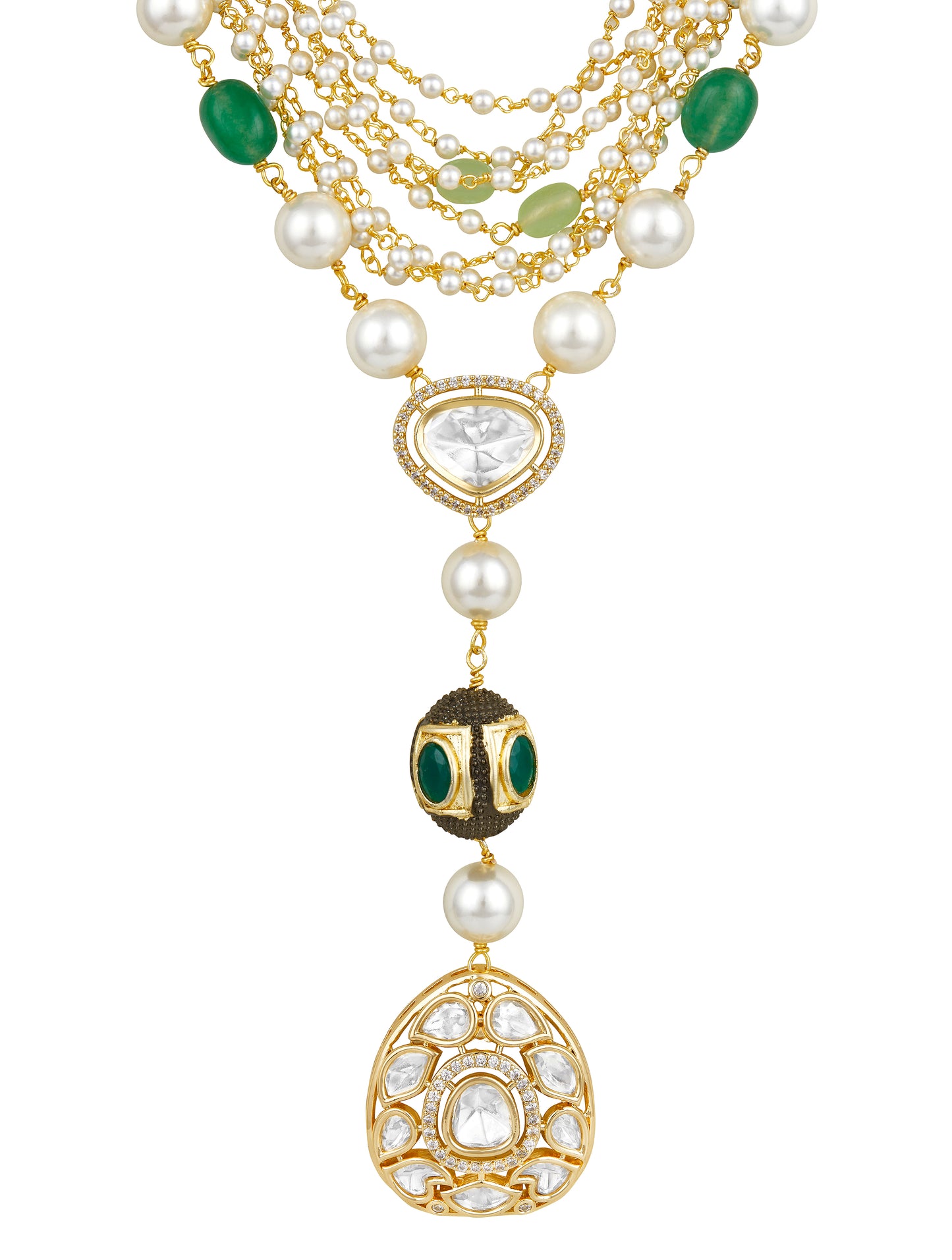 Layered Necklace in gold with MicronGold Polished Brass ,mosanite kundan polki, zirconia, NAtural Agates tumbles, Shell Pearls, Synthetic emerald etched in gold and oxidised polish oval ball
