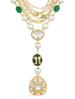 Layered Necklace in gold with MicronGold Polished Brass ,mosanite kundan polki, zirconia, NAtural Agates tumbles, Shell Pearls, Synthetic emerald etched in gold and oxidised polish oval ball