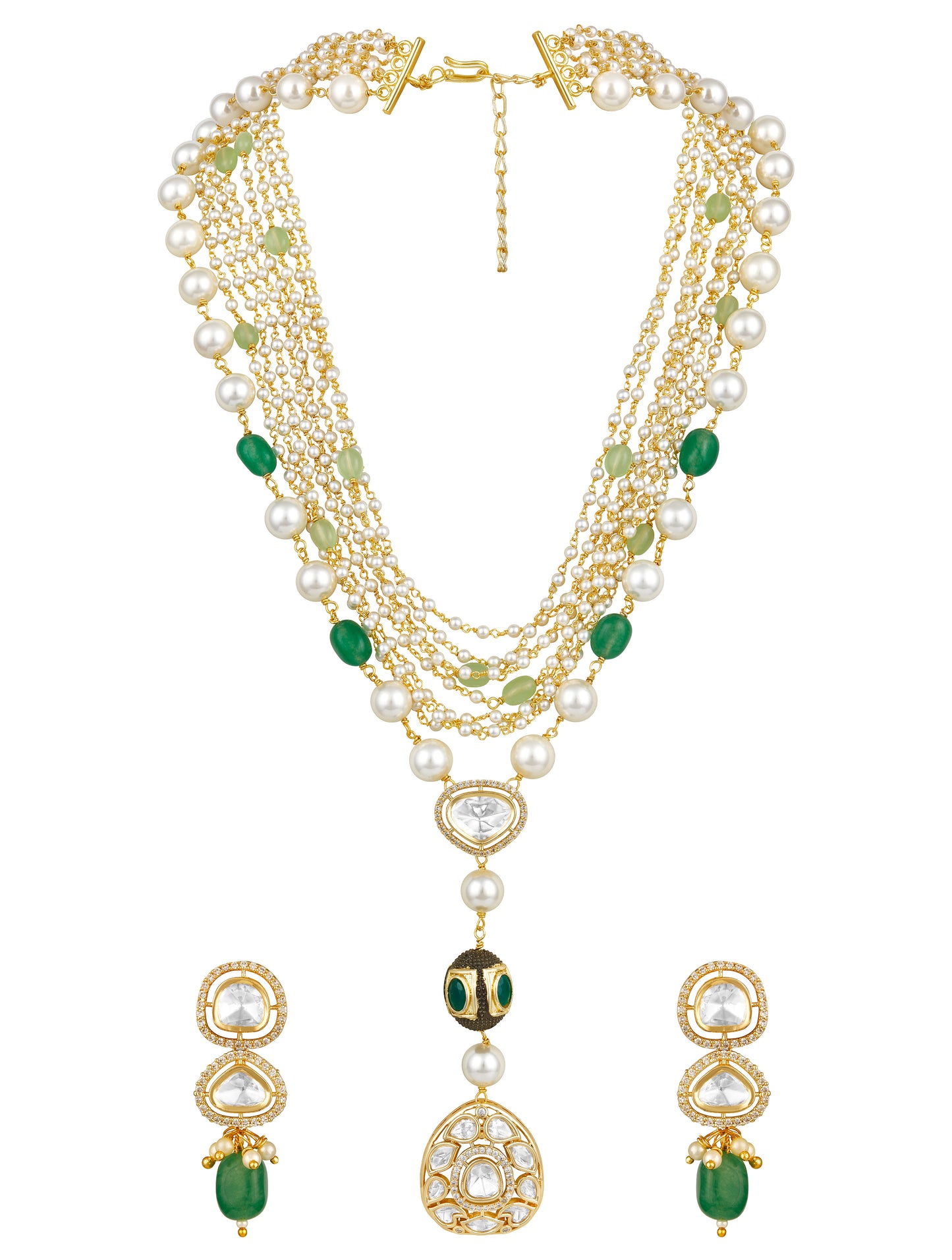 Layered Necklace in gold with MicronGold Polished Brass ,mosanite kundan polki, zirconia, NAtural Agates tumbles, Shell Pearls, Synthetic emerald etched in gold and oxidised polish oval ball