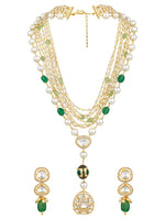 Layered Necklace in gold with MicronGold Polished Brass ,mosanite kundan polki, zirconia, NAtural Agates tumbles, Shell Pearls, Synthetic emerald etched in gold and oxidised polish oval ball