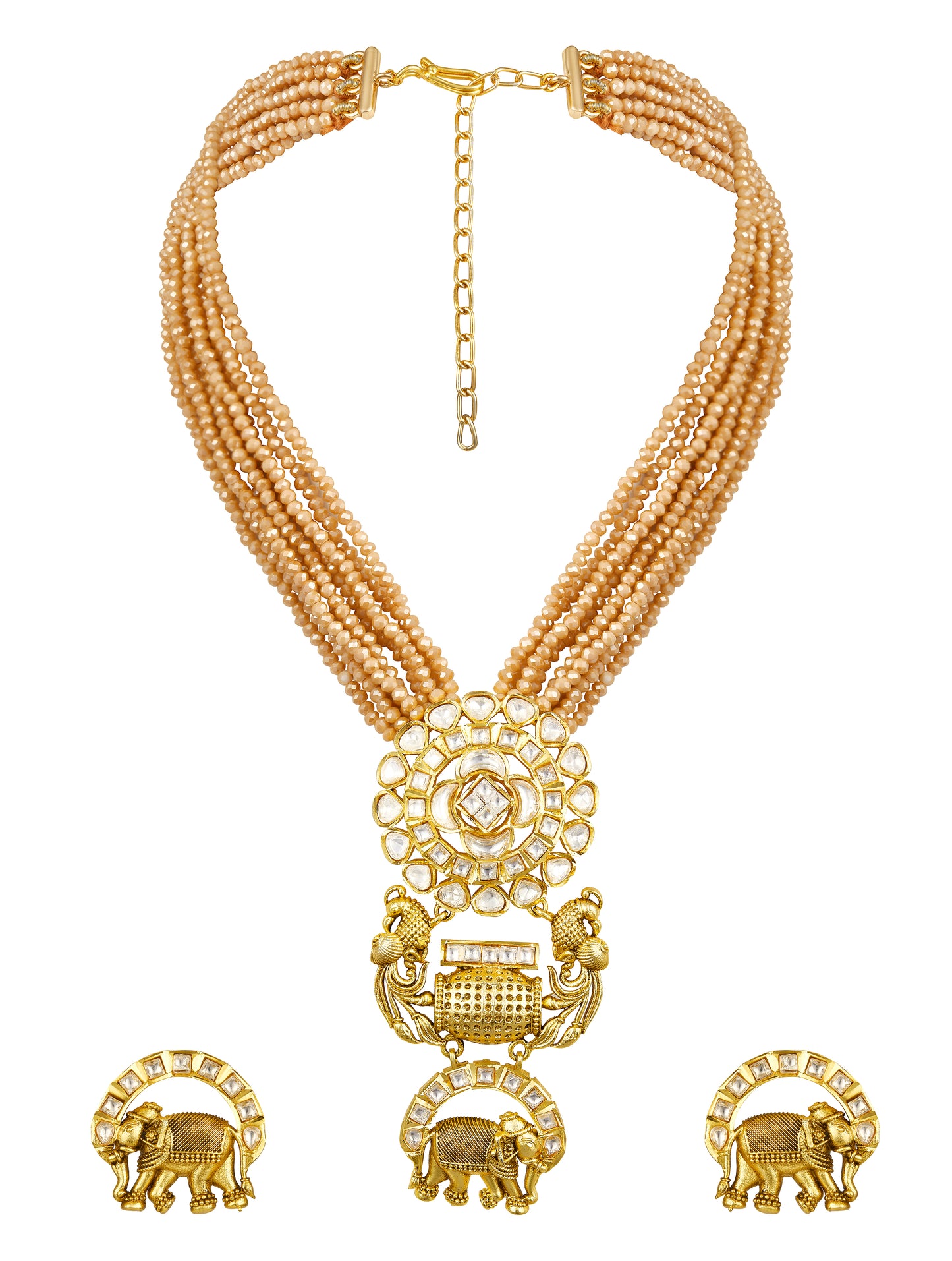 Necklace Set in gold with Micron Gold Polished Brass with blemishes of oxidised polish with mosanite kundan polki. Italian Crystals