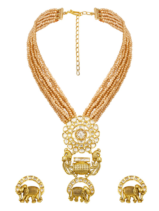 Necklace Set in gold with Micron Gold Polished Brass with blemishes of oxidised polish with mosanite kundan polki. Italian Crystals