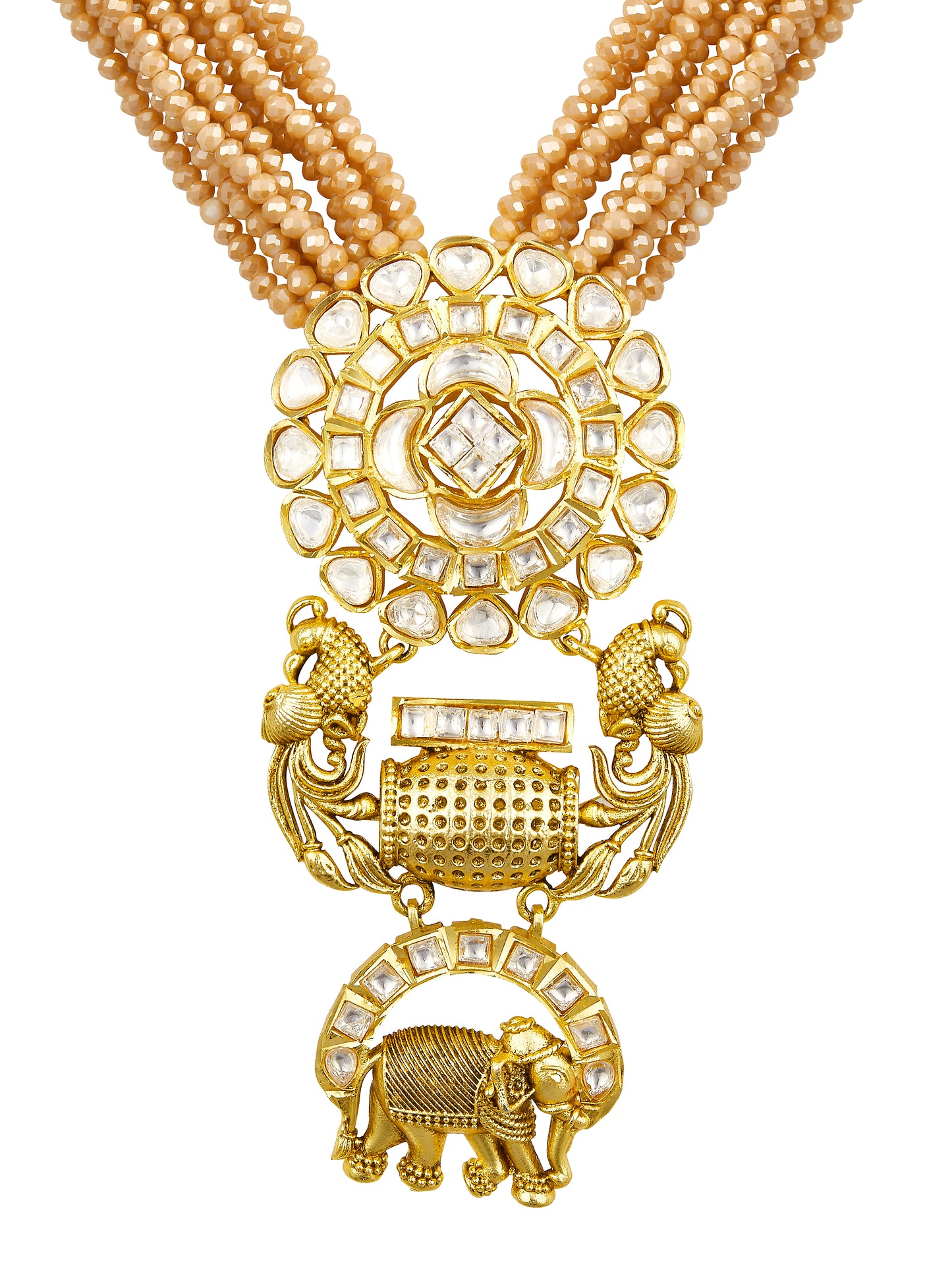 Necklace Set in gold with Micron Gold Polished Brass with blemishes of oxidised polish with mosanite kundan polki. Italian Crystals