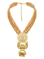 Necklace Set in gold with Micron Gold Polished Brass with blemishes of oxidised polish with mosanite kundan polki. Italian Crystals