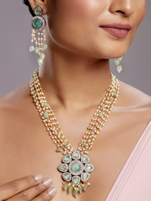 Necklace Set in dual tone with Micron Gold dual Polished Brass ,mosanite kundan polki onyx tumbles, Agates, oxidised polished zirconia, carved Onyx stone, Shell Pearls