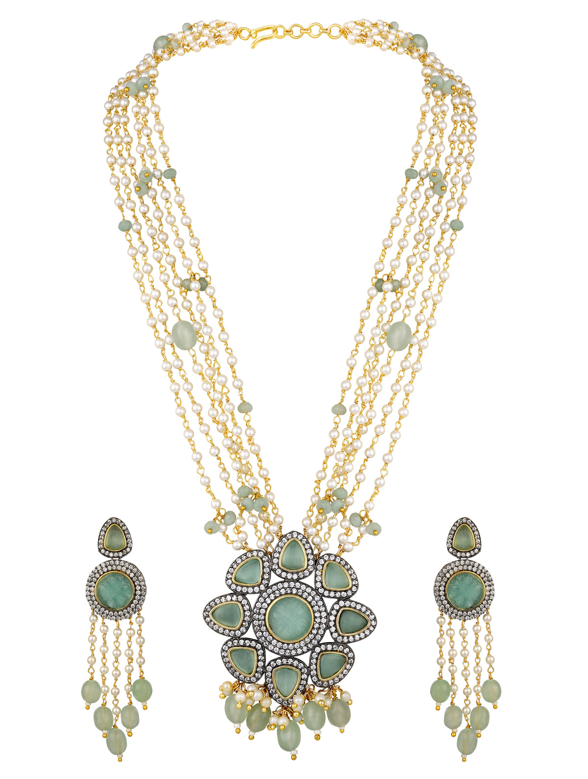 Necklace Set in dual tone with Micron Gold dual Polished Brass ,mosanite kundan polki onyx tumbles, Agates, oxidised polished zirconia, carved Onyx stone, Shell Pearls