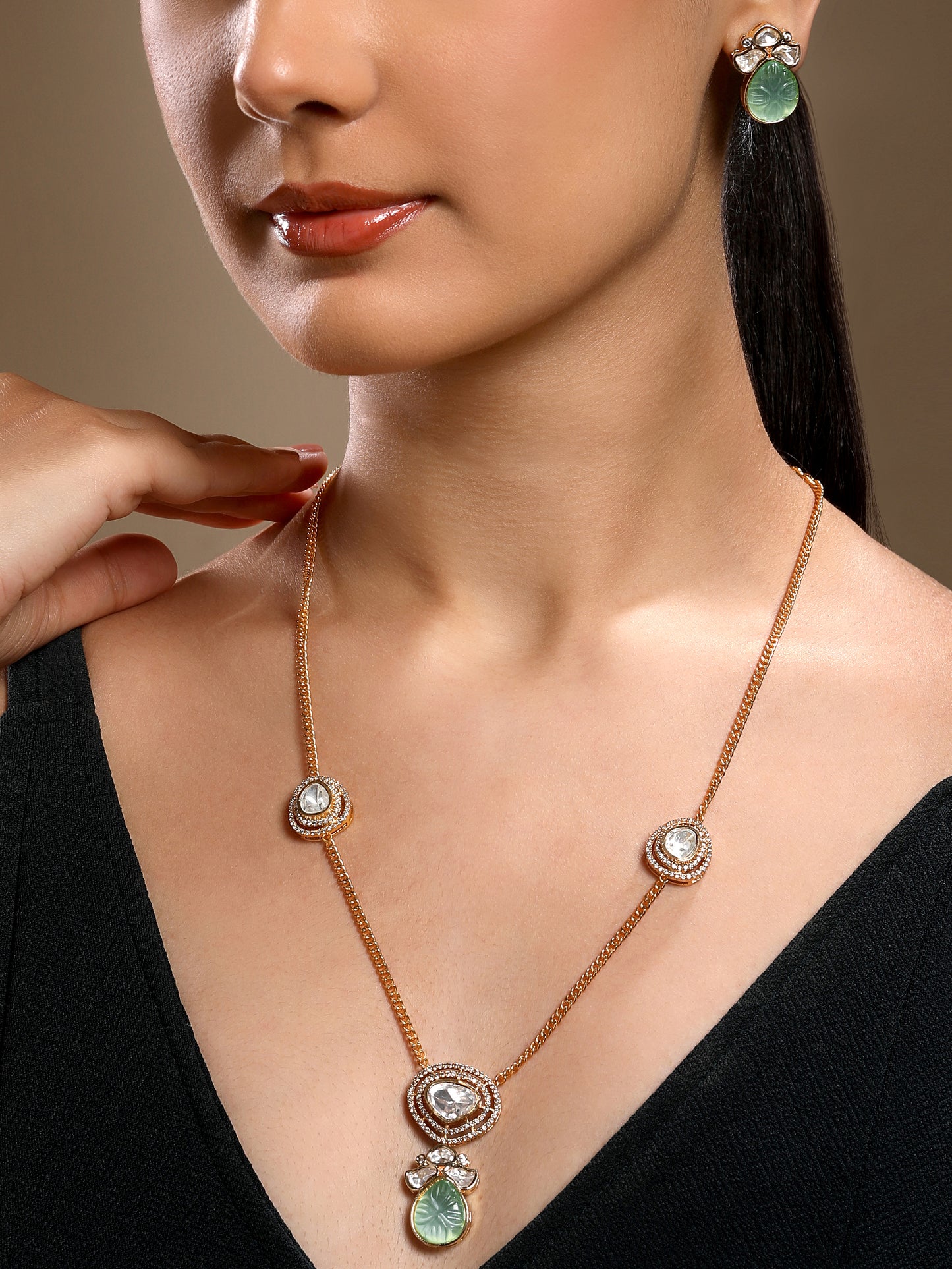 Long Necklace in gold tone brass with Mosanite Kundan Polki, Carved Onyx, Cz Diamond