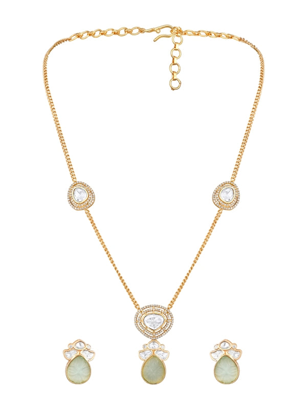 Long Necklace in gold tone brass with Mosanite Kundan Polki, Carved Onyx, Cz Diamond