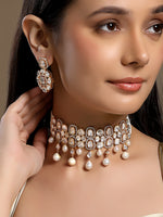 Choker in gold tone brass with Mosanite Kundan Polki, Cz Diamond, Fresh Water Pearls.Natural Pearl Have Little Variations In Shape, Shade And Can Differ From The Actual Image On Website
