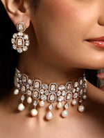 Choker in gold tone brass with Mosanite Kundan Polki, Cz Diamond, Fresh Water Pearls.Natural Pearl Have Little Variations In Shape, Shade And Can Differ From The Actual Image On Website