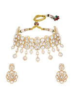 Choker in gold tone brass with Mosanite Kundan Polki, Cz Diamond, Fresh Water Pearls.Natural Pearl Have Little Variations In Shape, Shade And Can Differ From The Actual Image On Website