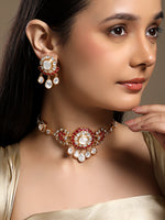 Choker in gold tone brass with Mosanite Kundan Polki, Cz Diamonds, Synthetic Ruby